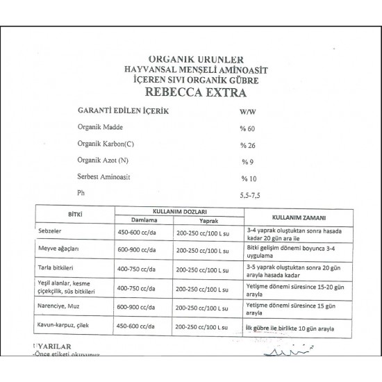 Rebecca Extra Hayvansal Menşeli Aminoasit içeren Sıvı Organik Gübre 5 Litre Rebecca Extra Hayvansal Menşeli Aminoasit içeren Sıvı Organik Gübre 5 Litre