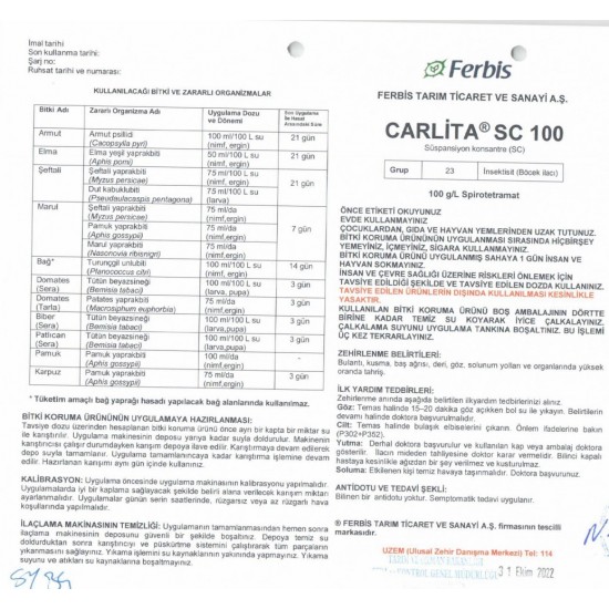 Carlita SC 100 Koşnil Kabuklubit Böcek ilacı insektisit 1 Litre