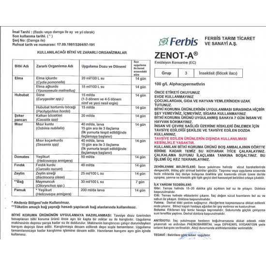 Zenot-A Alphacypermethrin Süne Böcek ilacı 250 ml