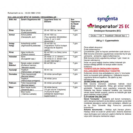 Imperator 25 EC Cypermethrin Böcek ilacı 250 ml