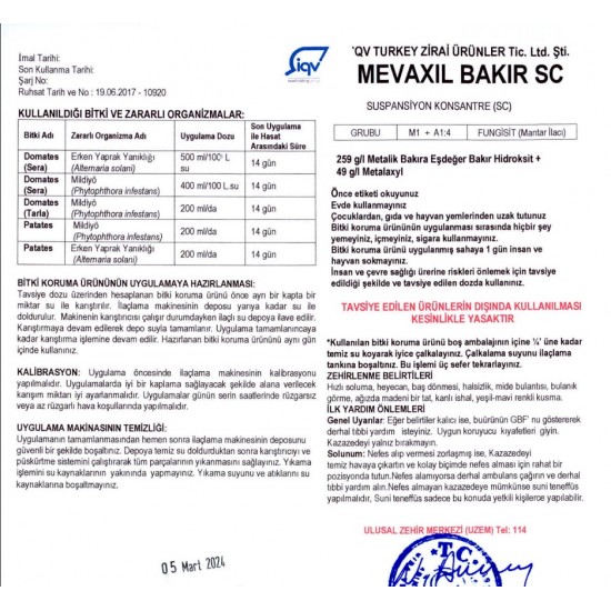 Mevaxil Bakır SC Fungusit Mantar ilacı Sıvı Bakır 1 Litre Mevaxil Bakır SC Fungusit Mantar ilacı Sıvı Bakır 1 Litre