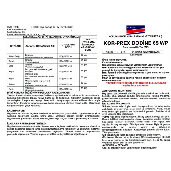 Kor-prex Dodine 65 WP Çil Monilya Karaleke ilacı 500 Gram