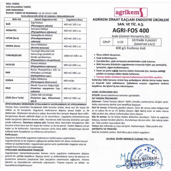 AGRI-FOS 400 Sistemik Fungusit 1 Litre AGRI-FOS 400 Sistemik Fungusit 1 Litre