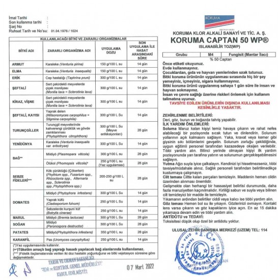 Koruma Captan 50 WP Mantar ilacı 800 Gram Koruma Captan 50 WP Mantar ilacı 800 Gram