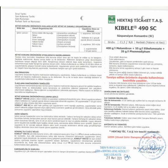 Kibele 490 SC Şeker Pancarı Yabancı Ot ilacı 5 Litre Kibele 490 SC Şeker Pancarı Yabancı Ot ilacı 5 Litre